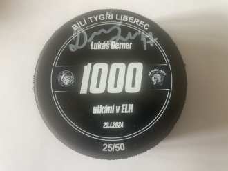 Bílí Tygři Liberec - game issued puck (Lukáš Derner - 1000. game - 25/50), LIB vs PLZ 2:1, 23/1/24