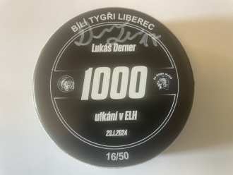 Bílí Tygři Liberec - game used puck (Lukáš Derner - 1000. game - 16/50), LIB vs PLZ 2:1, 23/1/24