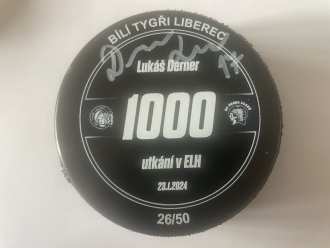 Bílí Tygři Liberec - game issued puck (Lukáš Derner - 1000. game - 26/50), LIB vs PLZ 2:1, 23/1/24