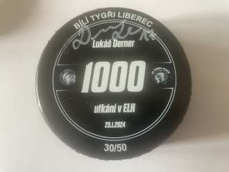 Bílí Tygři Liberec - game issued puck (Lukáš Derner - 1000. game - 30/50), LIB vs PLZ 2:1, 23/1/24