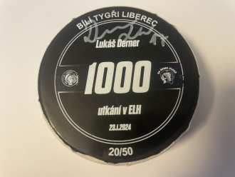 Bílí Tygři Liberec - game used puck (Lukáš Derner - 1000. game - 20/50), LIB vs PLZ 2:1, 23/1/24
