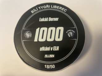 Bílí Tygři Liberec - game used puck (Lukáš Derner - 1000. game - 18/50), LIB vs PLZ 2:1, 23/1/24