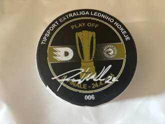 Pardubice vs Třinec game used puck - finále 5 (006, signed: R. Will), PCE vs TRI 3:0, 24/4/24
