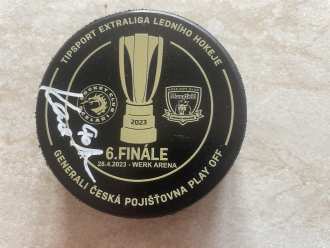 Czech playoff finals - game 6 - game issued puck (signature: O. Kacetl), TRI vs HK 4:1, 28/4/2023